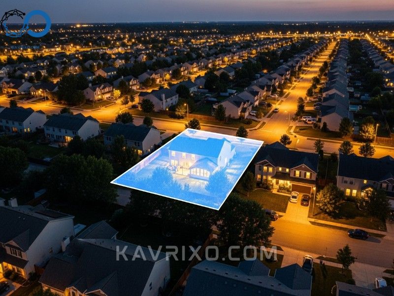 wide-aerial-night-view-of-a-suburban-neighborhood-one-house-glows-blue-symbolizing-ring-protection